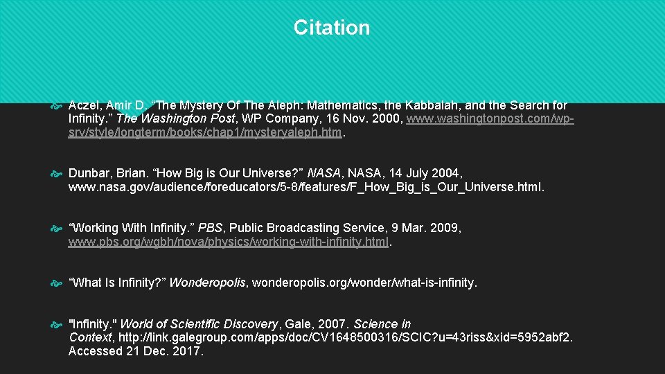 Citation Aczel, Amir D. “The Mystery Of The Aleph: Mathematics, the Kabbalah, and the