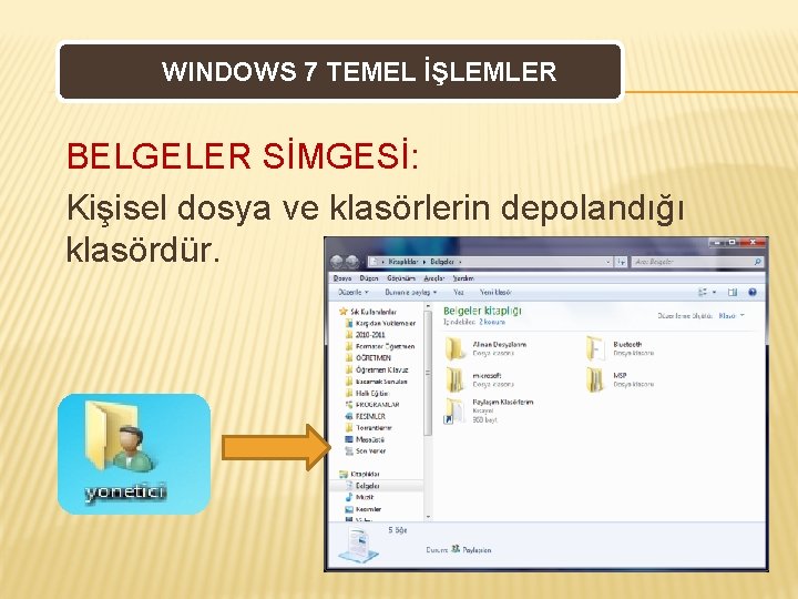 WINDOWS 7 TEMEL İŞLEMLER BELGELER SİMGESİ: Kişisel dosya ve klasörlerin depolandığı klasördür. 