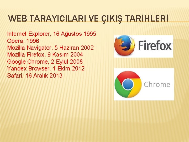 WEB TARAYICILARI VE ÇIKIŞ TARİHLERİ Internet Explorer, 16 Ağustos 1995 Opera, 1996 Mozilla Navigator,