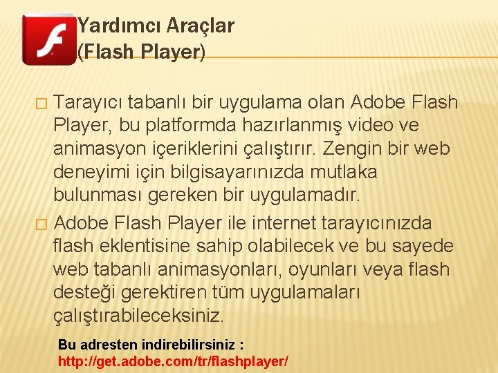 Yardımcı Araçlar (Flash Player) Tarayıcı tabanlı bir uygulama olan Adobe Flash Player, bu platformda