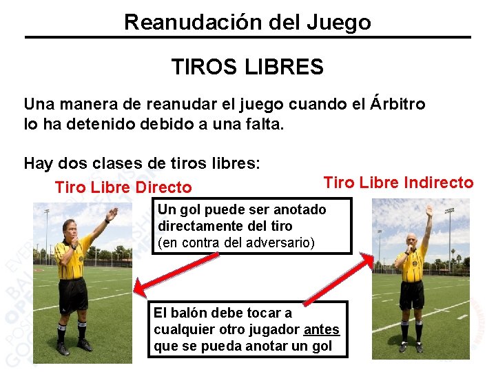 Reanudación del Juego TIROS LIBRES Una manera de reanudar el juego cuando el Árbitro
