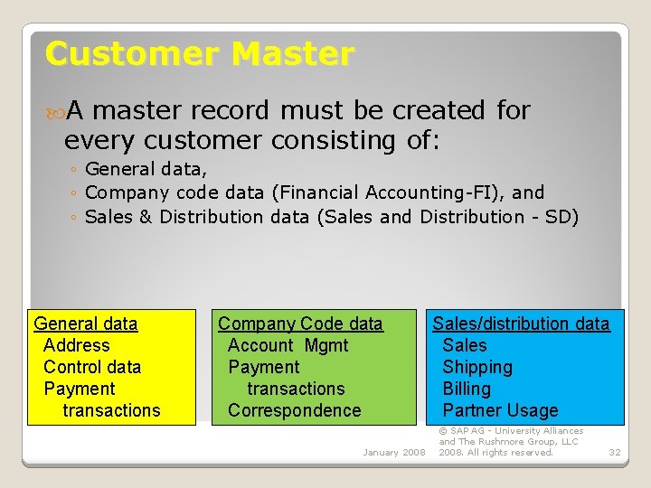 Customer Master A master record must be created for every customer consisting of: ◦