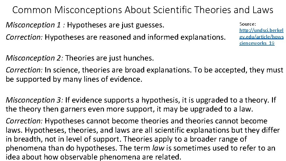 Common Misconceptions About Scientific Theories and Laws Misconception 1 : Hypotheses are just guesses. Common Misconceptions About Scientific Theories and Laws Misconception 1 : Hypotheses are just guesses.