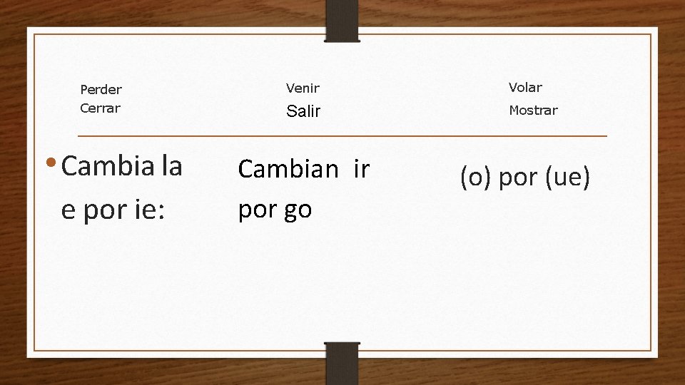 Perder Cerrar • Cambia la e por ie: Venir Volar Salir Mostrar Cambian ir