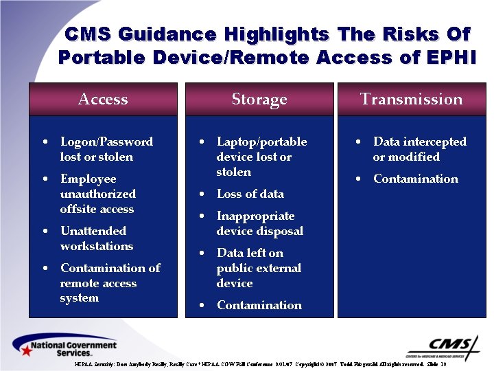 CMS Guidance Highlights The Risks Of Portable Device/Remote Access of EPHI Access • Logon/Password