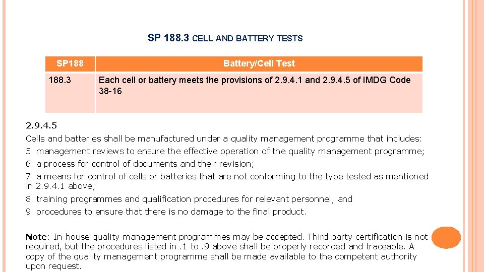 SP 188. 3 CELL AND BATTERY TESTS SP 188. 3 Battery/Cell Test Each cell SP 188. 3 CELL AND BATTERY TESTS SP 188. 3 Battery/Cell Test Each cell