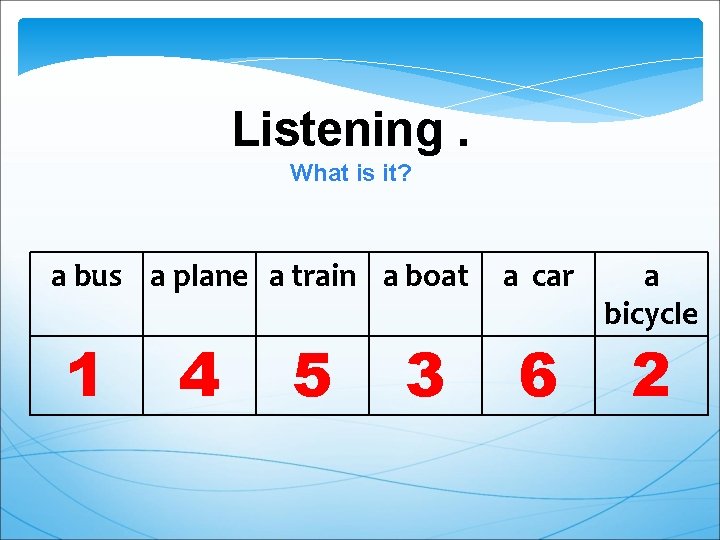 Listening. What is it? a bus a plane a train a boat 1 4