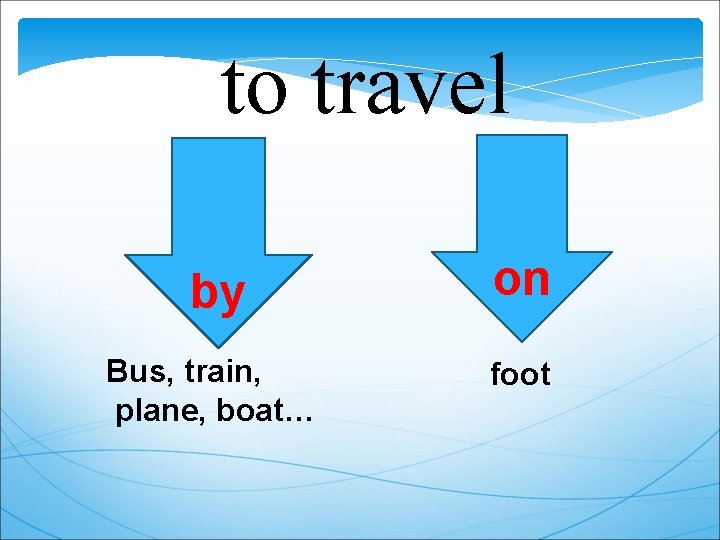 to travel by on Bus, train, plane, boat… foot 