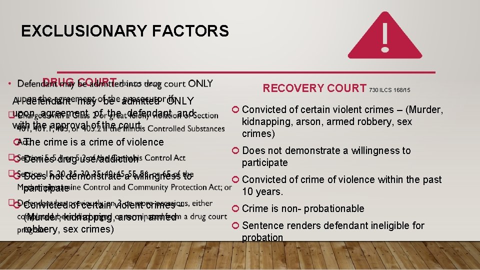 EXCLUSIONARY FACTORS DRUG COURT 730 ILCS 166/20 A defendant may be admitted ONLY upon EXCLUSIONARY FACTORS DRUG COURT 730 ILCS 166/20 A defendant may be admitted ONLY upon