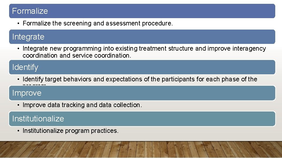 Formalize • Formalize the screening and assessment procedure. Integrate • Integrate new programming into Formalize • Formalize the screening and assessment procedure. Integrate • Integrate new programming into