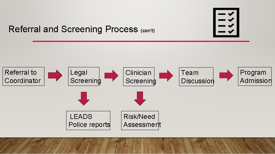 Referral and Screening Process (con’t) Referral to Coordinator Legal Screening Clinician Screening LEADS Police Referral and Screening Process (con’t) Referral to Coordinator Legal Screening Clinician Screening LEADS Police