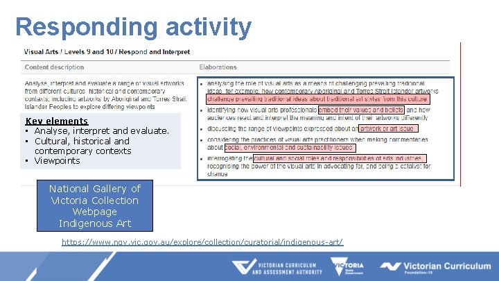 Responding activity Key elements • Analyse, interpret and evaluate. • Cultural, historical and contemporary