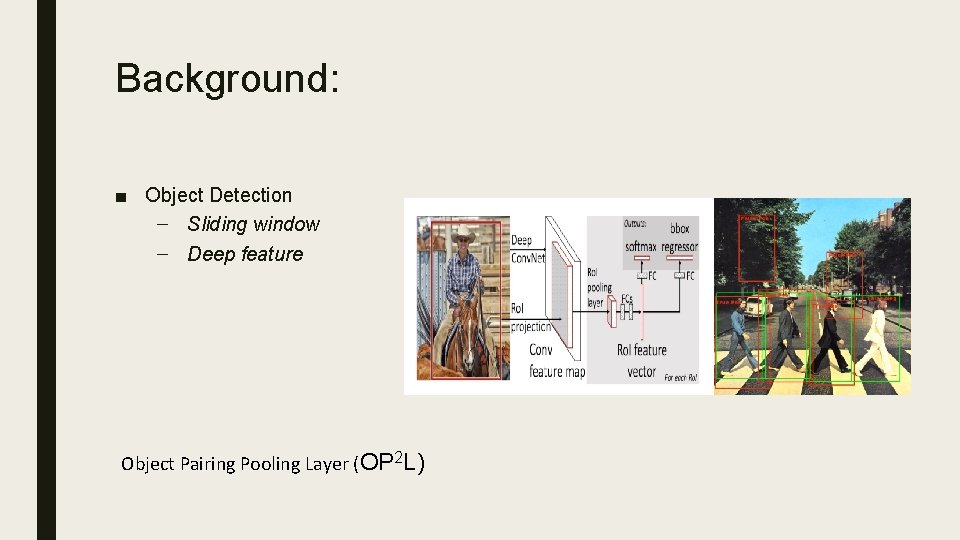 Background: ■ Object Detection – Sliding window – Deep feature Object Pairing Pooling Layer