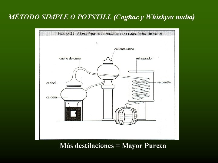 MÉTODO SIMPLE O POTSTILL (Cogñac y Whiskyes malta) Más destilaciones = Mayor Pureza 