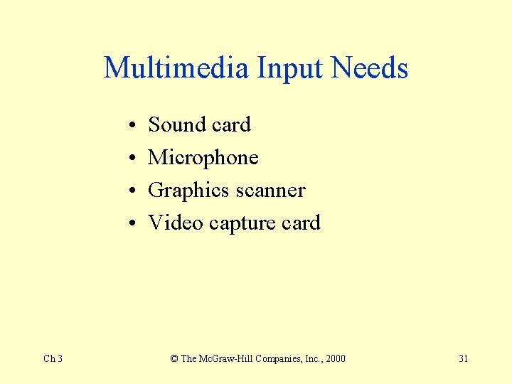 Multimedia Input Needs • • Ch 3 Sound card Microphone Graphics scanner Video capture Multimedia Input Needs • • Ch 3 Sound card Microphone Graphics scanner Video capture