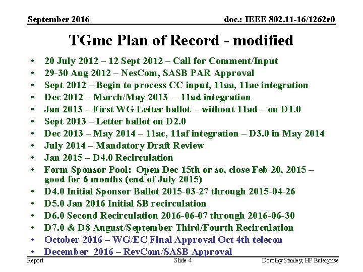 September 2016 doc. : IEEE 802. 11 -16/1262 r 0 TGmc Plan of Record