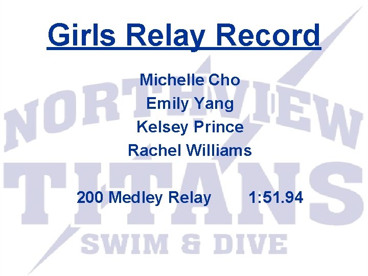 Girls Relay Record Michelle Cho Emily Yang Kelsey Prince Rachel Williams 200 Medley Relay