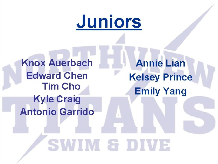 Juniors Knox Auerbach Edward Chen Tim Cho Kyle Craig Antonio Garrido Annie Lian Kelsey