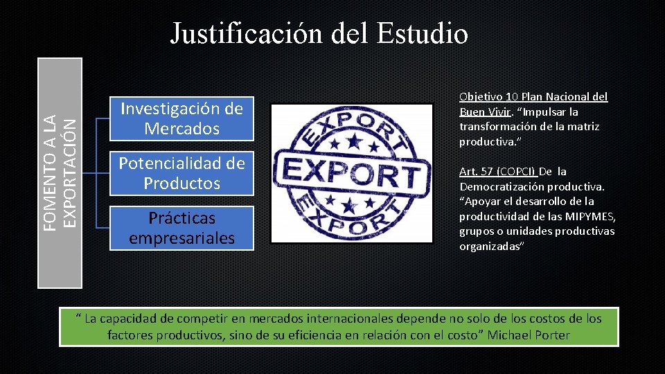 FOMENTO A LA EXPORTACIÓN Justificación del Estudio Investigación de Mercados Potencialidad de Productos Prácticas