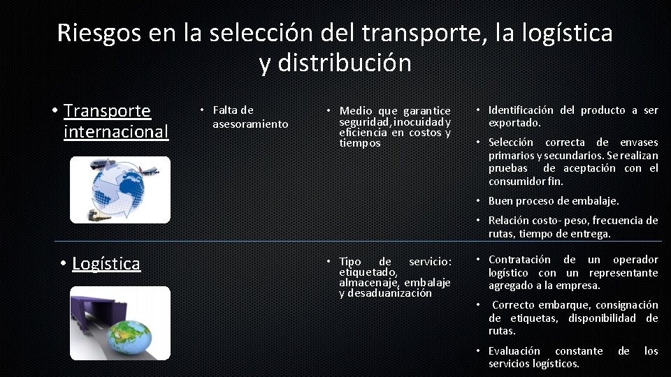 Riesgos en la selección del transporte, la logística y distribución • Transporte internacional •