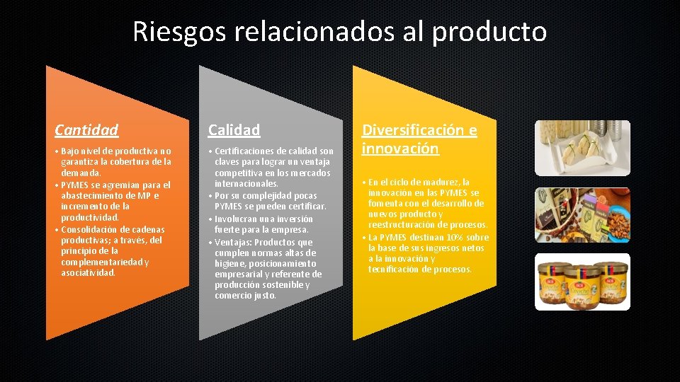 Riesgos relacionados al producto Cantidad Calidad • Bajo nivel de productiva no garantiza la