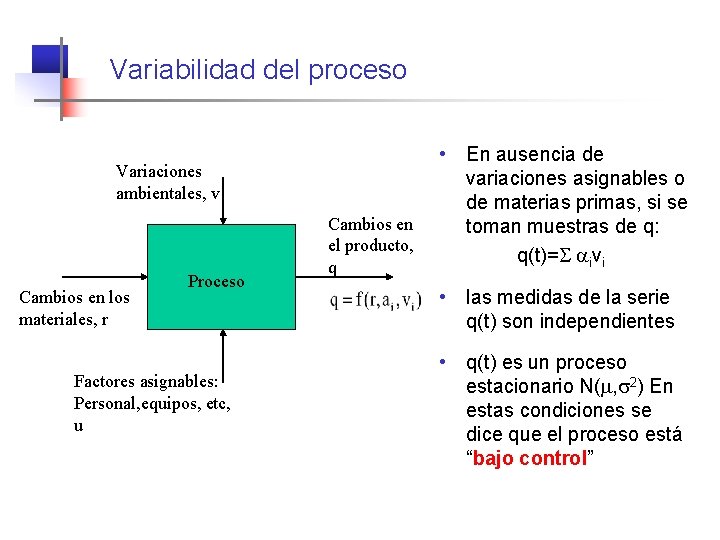 Variabilidad del proceso Variaciones ambientales, v Cambios en los materiales, r Proceso Factores asignables: