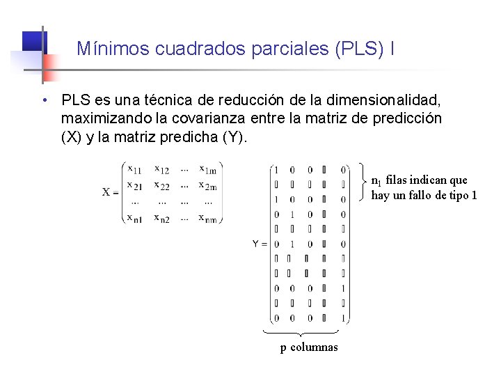 Mínimos cuadrados parciales (PLS) I • PLS es una técnica de reducción de la