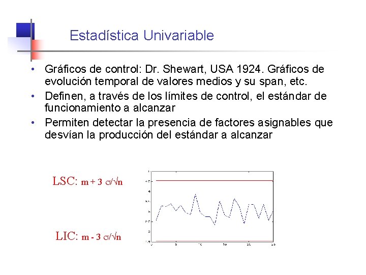 Estadística Univariable • Gráficos de control: Dr. Shewart, USA 1924. Gráficos de evolución temporal