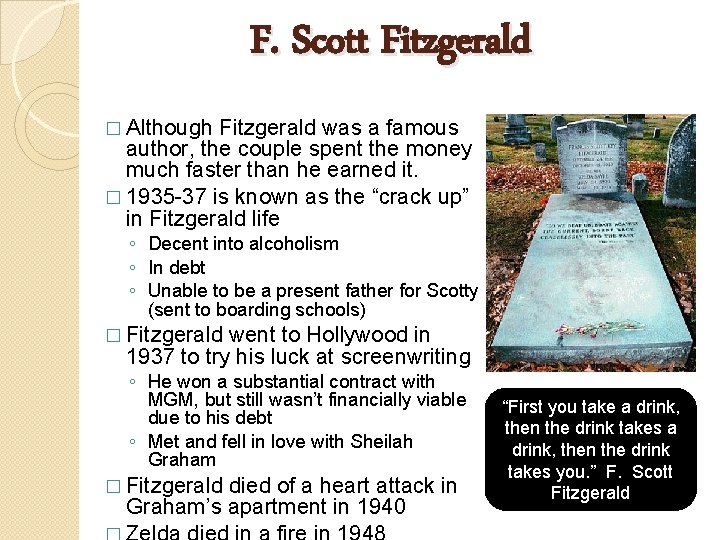 F. Scott Fitzgerald � Although Fitzgerald was a famous author, the couple spent the