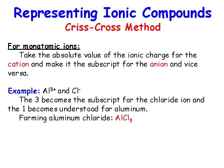 Representing Ionic Compounds Criss-Cross Method For monatomic ions: Take the absolute value of the