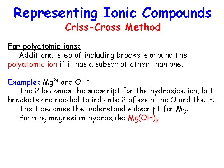 Representing Ionic Compounds Criss-Cross Method For polyatomic ions: Additional step of including brackets around