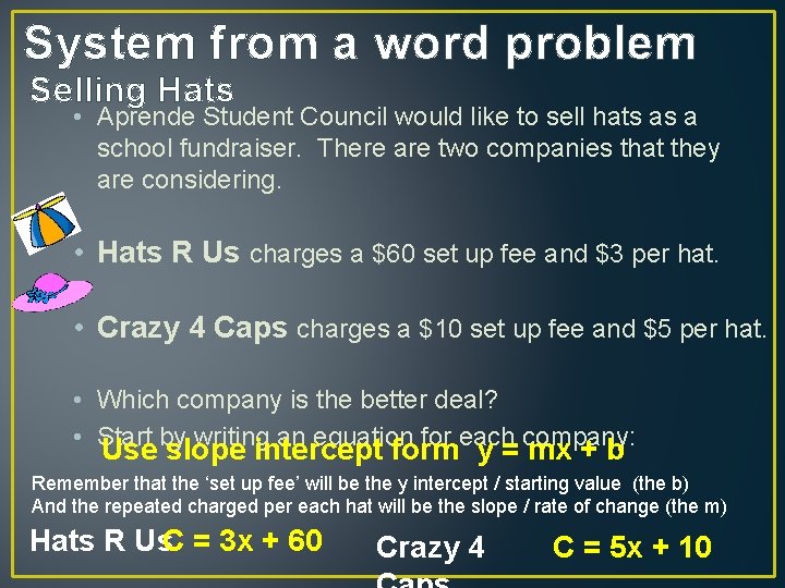 System from a word problem Selling Hats • Aprende Student Council would like to