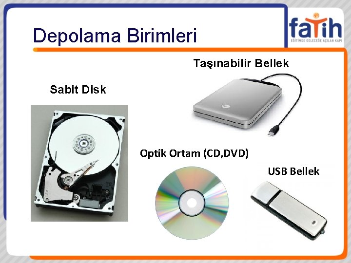 Depolama Birimleri Taşınabilir Bellek Sabit Disk Optik Ortam (CD, DVD) USB Bellek 