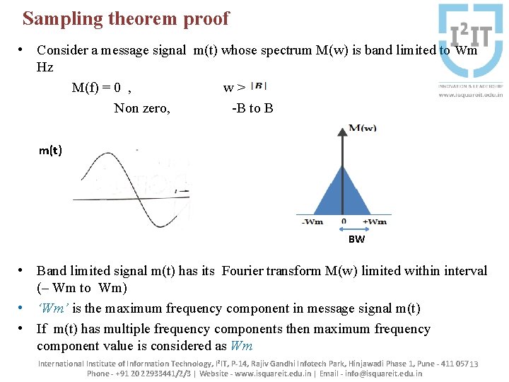 Sampling theorem proof • Consider a message signal m(t) whose spectrum M(w) is band