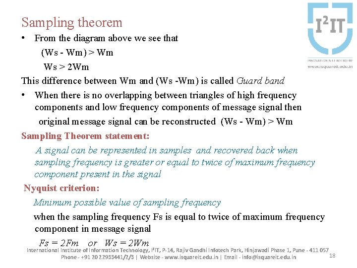 Sampling theorem • From the diagram above we see that (Ws - Wm) >
