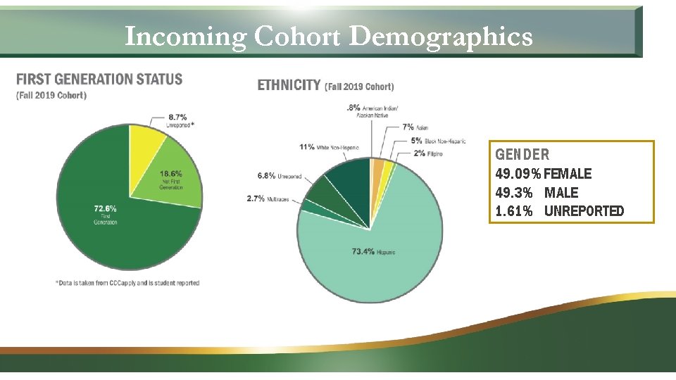 Incoming Cohort Demographics GENDER 49. 09% FEMALE 49. 3% MALE 1. 61% UNREPORTED 