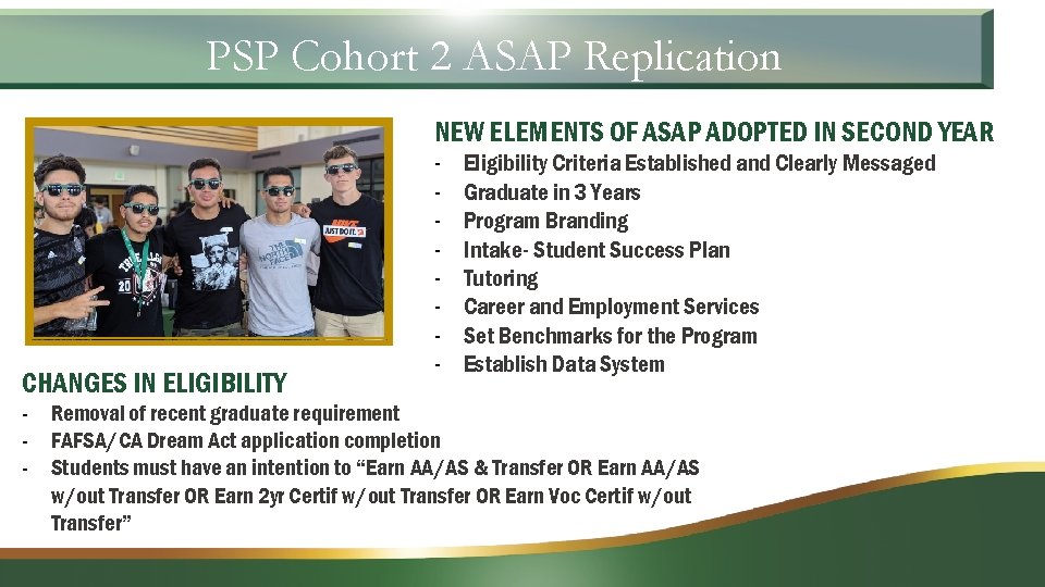 PSP Cohort 2 ASAP Replication NEW ELEMENTS OF ASAP ADOPTED IN SECOND YEAR CHANGES