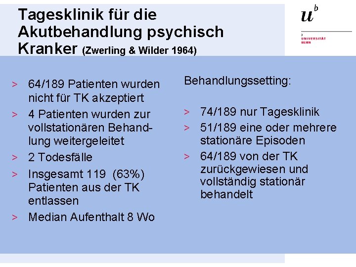 Tagesklinik für die Akutbehandlung psychisch Kranker (Zwerling & Wilder 1964) > 64/189 Patienten wurden