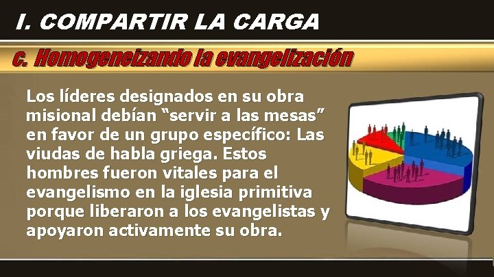 I. COMPARTIR LA CARGA c. Homogeneizando la evangelización Los líderes designados en su obra