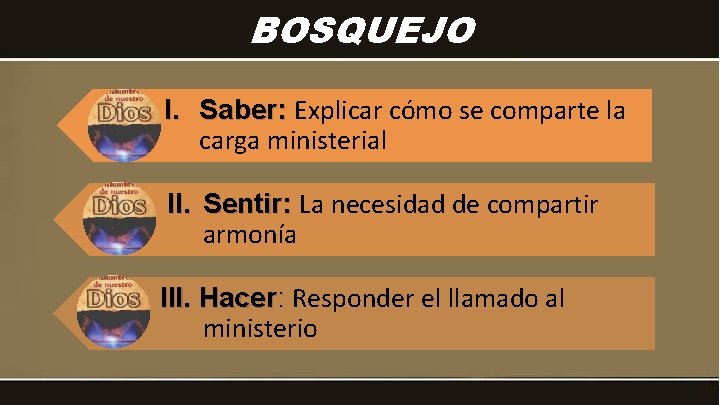 BOSQUEJO I. Saber: Explicar cómo se comparte la carga ministerial II. Sentir: La necesidad