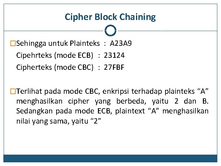 Cipher Block Chaining �Sehingga untuk Plainteks : A 23 A 9 Cipehrteks (mode ECB)