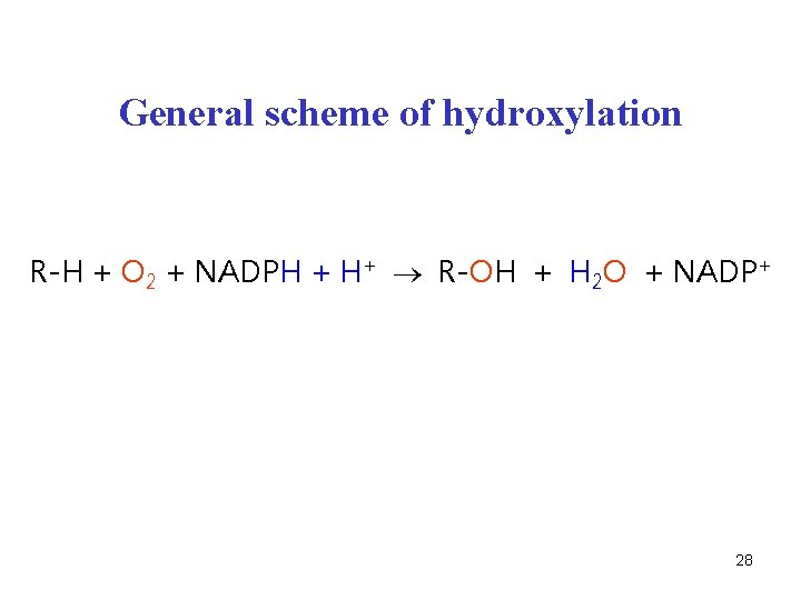 General scheme of hydroxylation R-H + O 2 + NADPH + H+ R-OH +