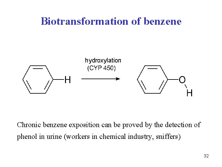 Biotransformation of benzene hydroxylation Chronic benzene exposition can be proved by the detection of