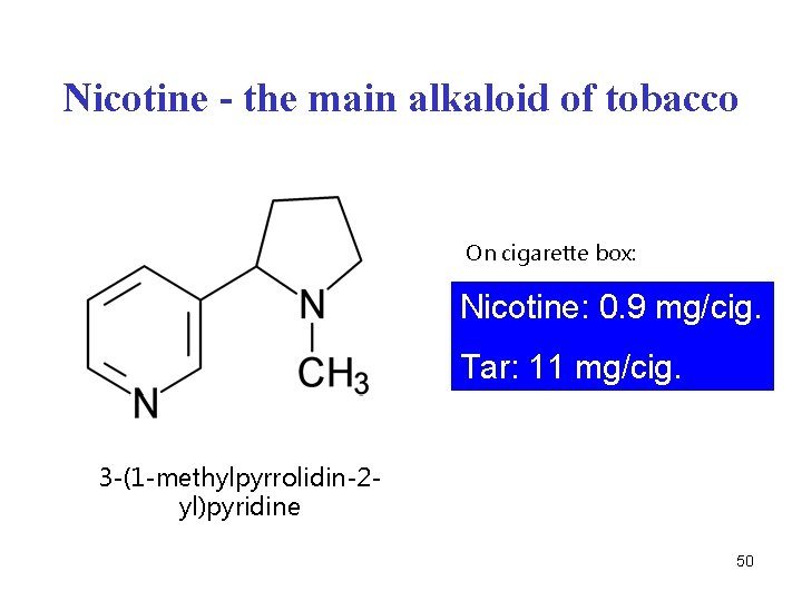 Nicotine - the main alkaloid of tobacco On cigarette box: Nicotine: 0. 9 mg/cig.