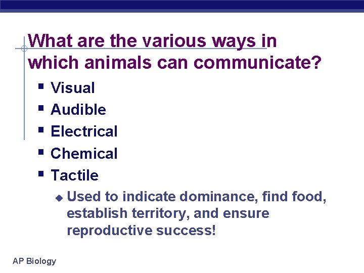 What are the various ways in which animals can communicate? § Visual § Audible