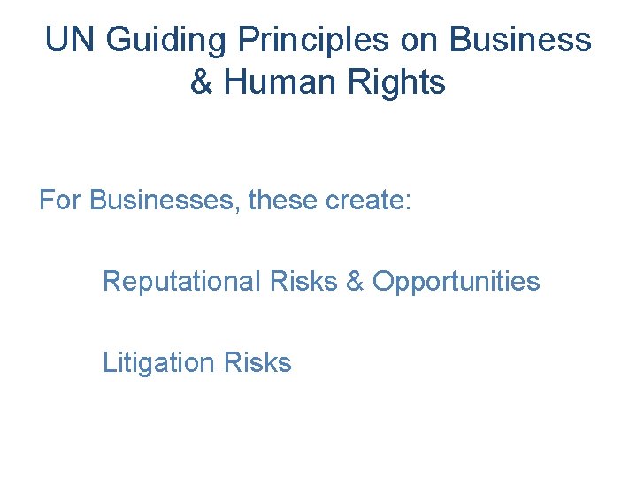 UN Guiding Principles on Business & Human Rights For Businesses, these create: Reputational Risks