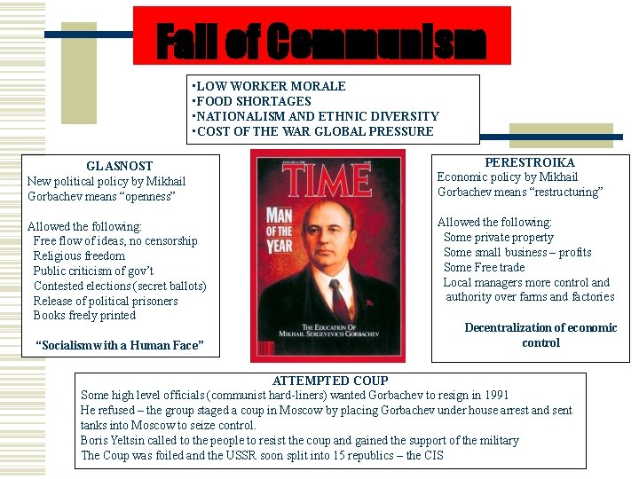 Fall of Communism • LOW WORKER MORALE • FOOD SHORTAGES • NATIONALISM AND ETHNIC