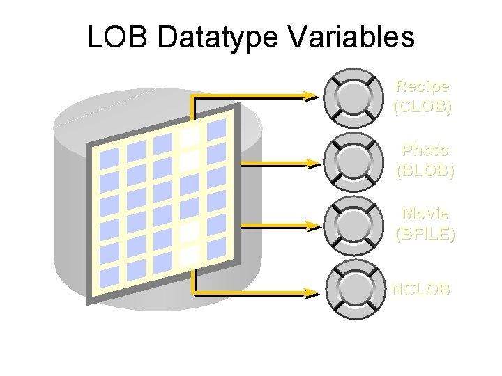 LOB Datatype Variables Recipe (CLOB) Photo (BLOB) Movie (BFILE) NCLOB 