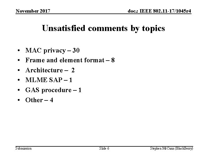 November 2017 doc. : IEEE 802. 11 -17/1045 r 4 Unsatisfied comments by topics