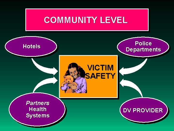 COMMUNITY LEVEL Police Departments Hotels VICTIM SAFETY Partners Health Systems DV PROVIDER 